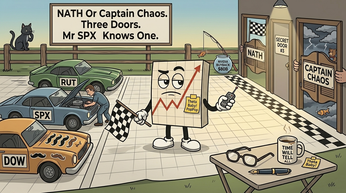 Mr SPX at the starting flag between three race cars and three doors marked NATH, Captain Chaos, and Secret Door 3.