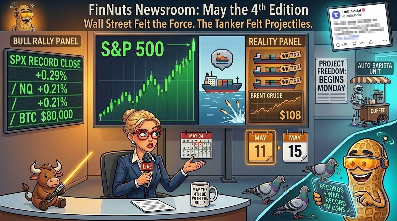 Hazel at FinNuts desk between a green bull rally panel and an amber waiting-vessels panel, NutBot in corner with amber visor.