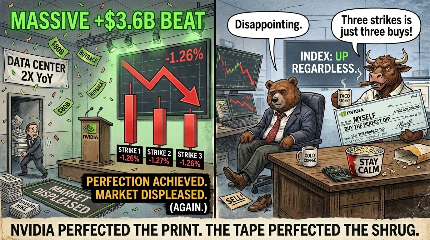 Two-panel meme. Nvidia HQ at +$3.6B beat with three strike-tagged sell candles. Bear calls it disappointing. Bull pricing in three strikes as three buys.
