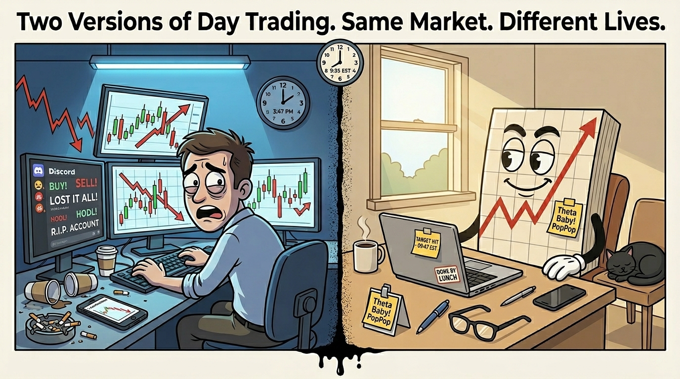 Split-scene cartoon showing a chaotic discretionary trader on the left contrasted with Mr SPX calm at his desk on the right, trade already closed.