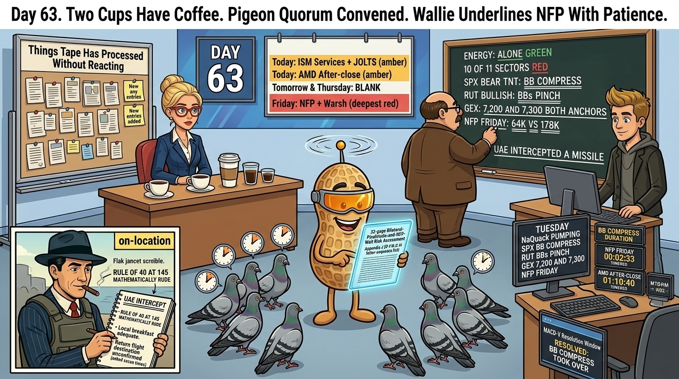 Financial Nuts newsroom Tuesday morning with Hazel at anchor desk on day 63 with two of three coffee cups containing coffee, Wallie at chalkboard underlining NFP three times with patience, Kash standing with six timers including a new BB Compress Duration invention, Mac on location with flak jacket, and Percy in NutBot mode with pigeons organised into a quorum semicircle.
