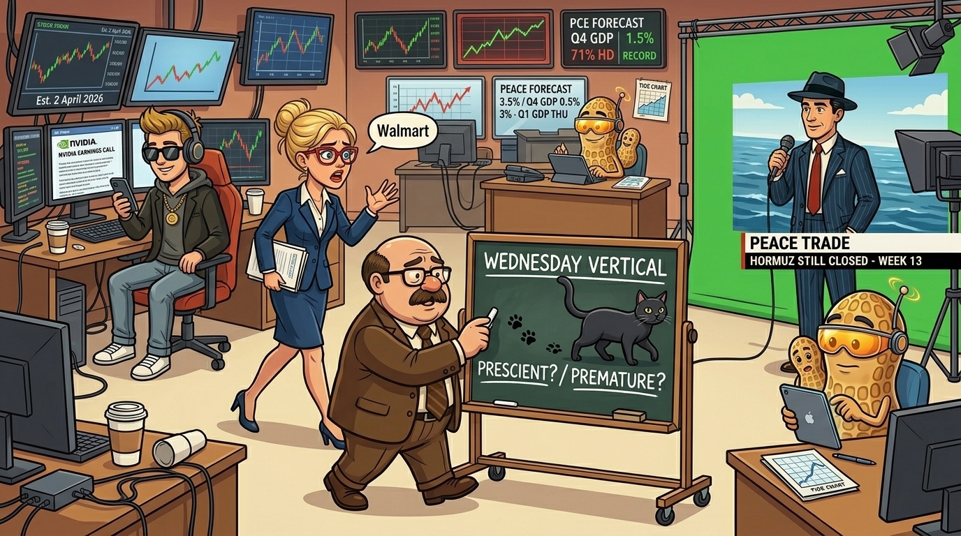 The newsroom after the morning broadcast. Mac by the green-screen rig, Wallie wheeling his chalkboard, the others as background colour, black cat walking the dividing line.