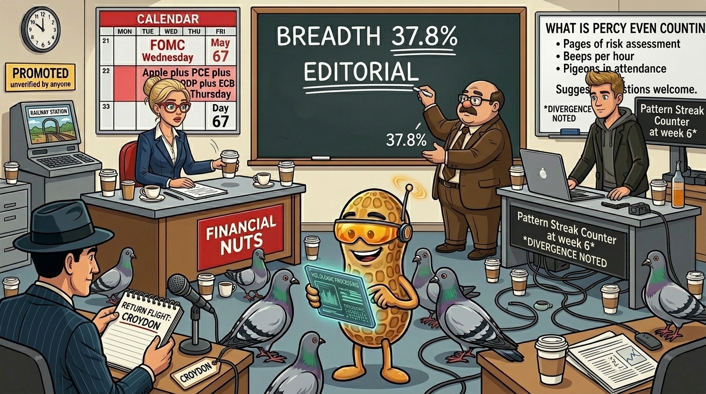 Financial Nuts newsroom Tuesday morning frozen at the moment after Mac reveals Croydon as the return flight destination, with Hazel mid-cup-descent, Wallie's chalk paused mid-underline on Editorial, Kash looking back at Mac in front of a new What Is Percy Even Counting whiteboard, and Percy oblivious in NutBot mode.
