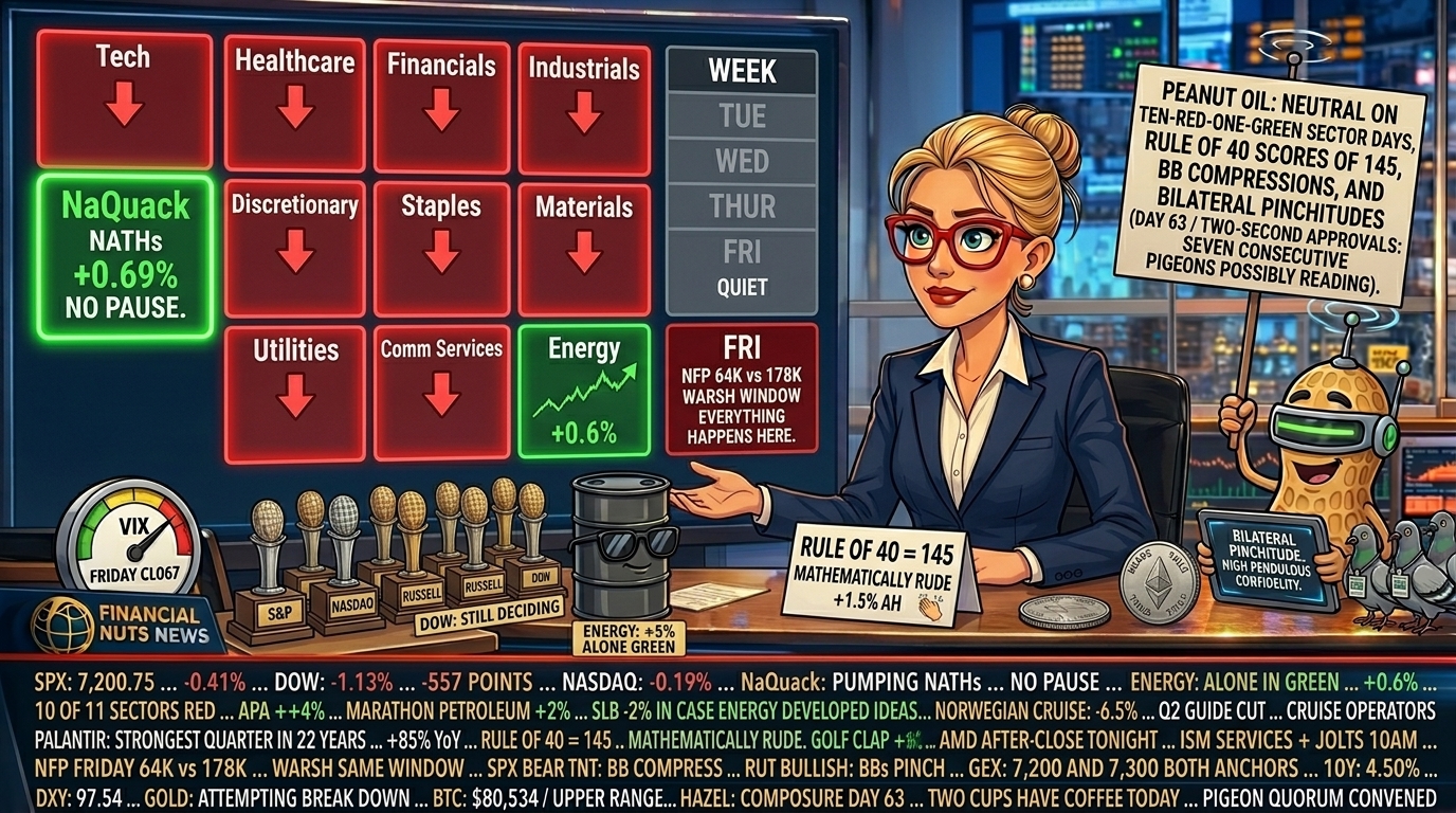  Hazel at news desk Tuesday morning with a sector tile-grid showing ten red and one green Energy plus NaQuack at NATHs outside the grid, alongside a week-strip with Tuesday-Thursday quiet and Friday red for NFP. Percy in NutBot mode in studio glass with pigeons in quorum semicircle.