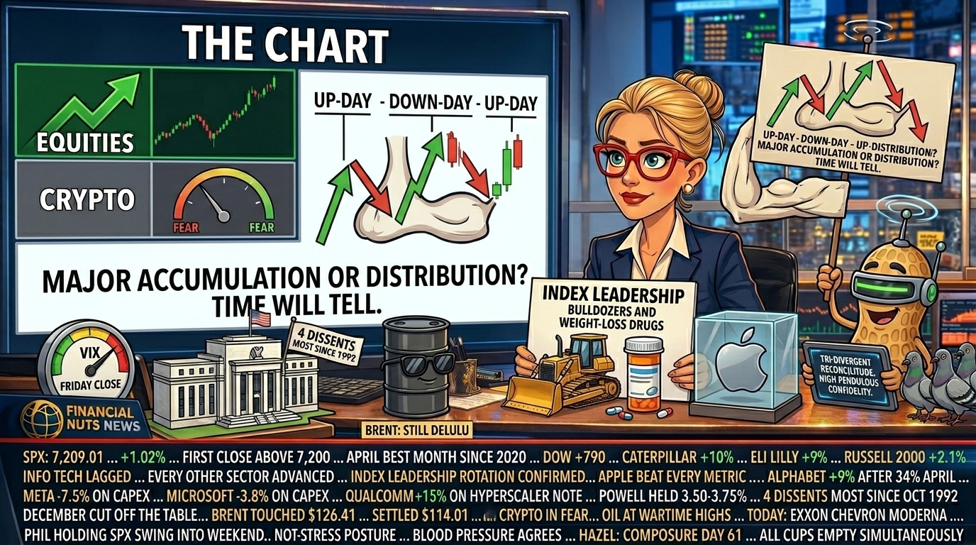 Hazel at news desk Friday morning with a three-lane status board showing equities at records, crypto in Fear, and oil at wartime highs, alongside a fiddler's elbow drawing illustrating the up-down-up-down market pattern. Percy in NutBot mode in studio glass with pigeons forming an orderly queue.