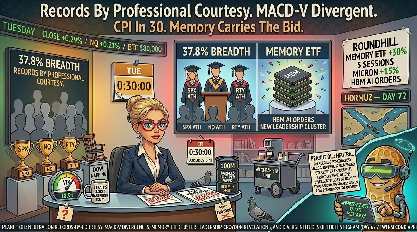 Hazel at news desk Tuesday morning with a graduation-podium ATH scene showing 37.8% breadth and a memory-chip cluster pedestal with confetti, plus a CPI countdown at 30 minutes and a Mac Croydon luggage tag visible on desk edge. Percy in NutBot mode in studio glass.