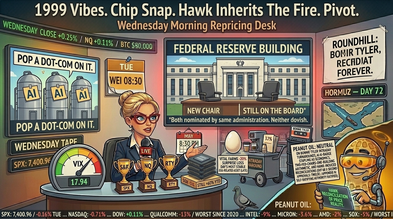 Hazel at news desk Wednesday morning with three generic company silos wearing stapled-on AI badges under a Pop A Dot-Com On It banner alongside a Federal Reserve cutaway showing two chairs side by side with footnote about both being nominated by same administration. Percy in NutBot mode in studio glass.