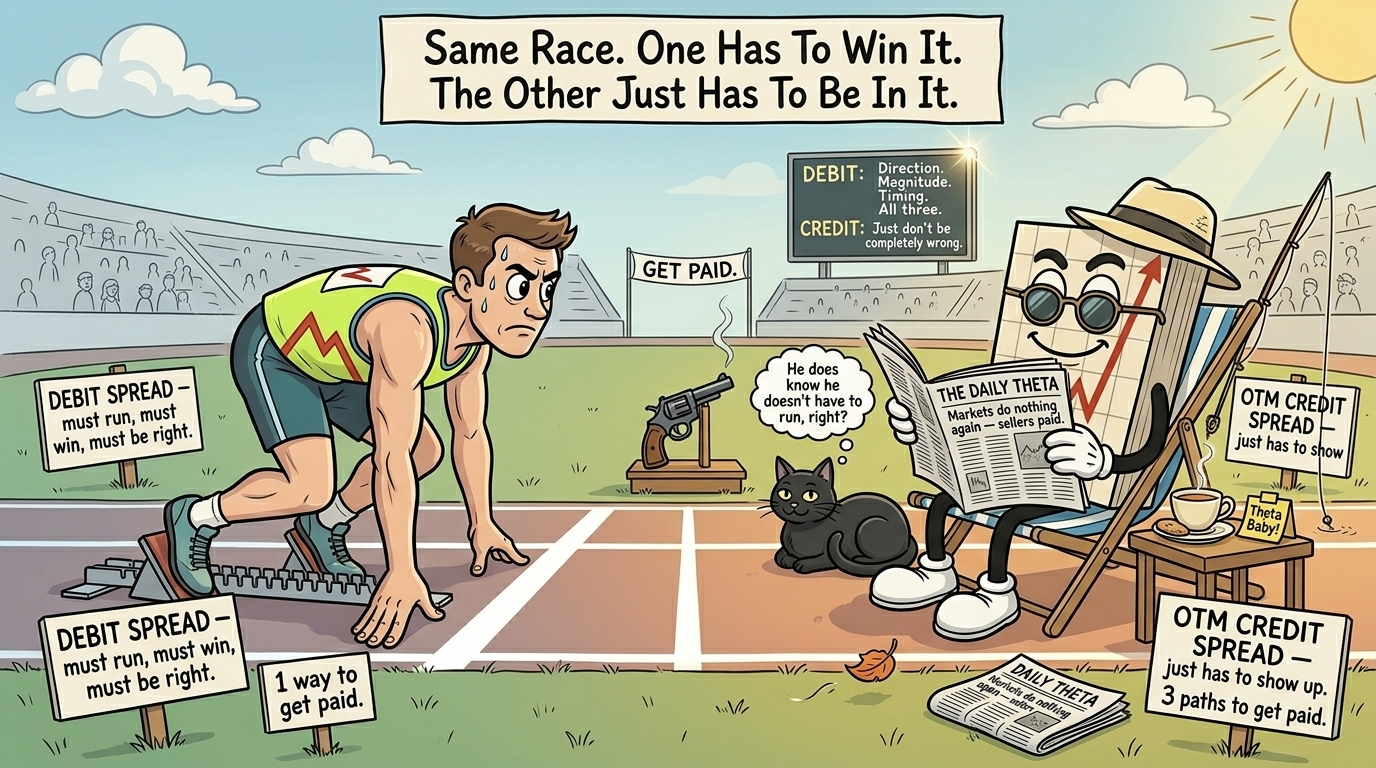 Mr SPX relaxed in a striped deckchair on his starting line reading a newspaper while a tense cartoon athlete crouches in the blocks of the next lane, both at the start of a race toward a "GET PAID" finish line.