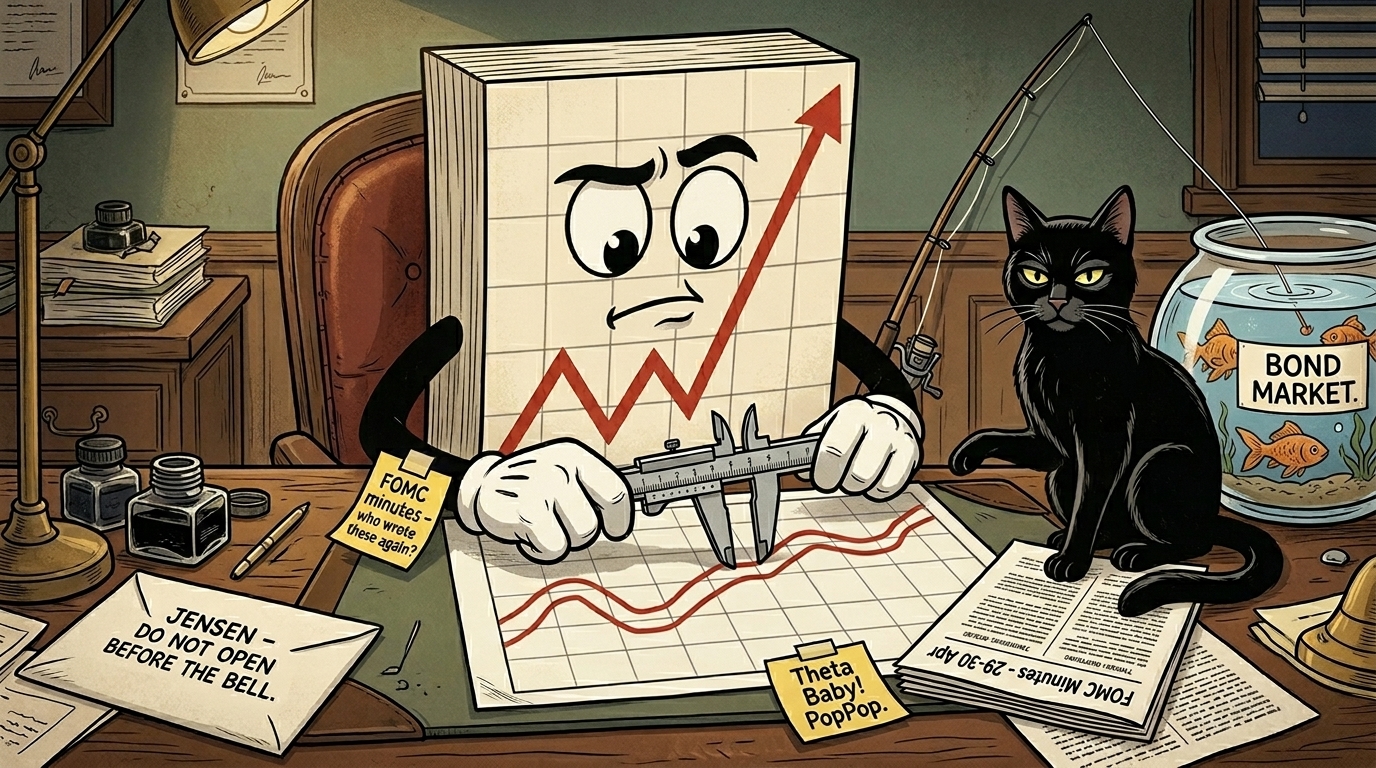 Mr SPX measuring Bollinger Band compression with calipers while the black cat dismisses the FOMC minutes.