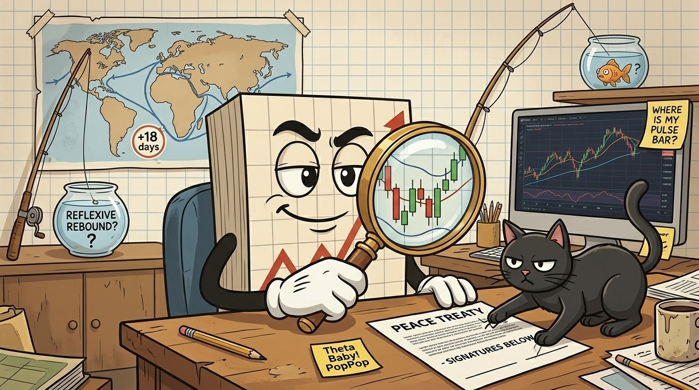 Mr SPX hunting with a magnifying glass for a bullish pulse bar that isn't there, while the black cat dismisses an unsigned peace treaty.