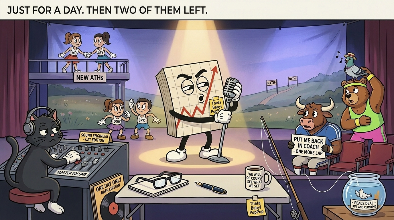 Mr SPX at a concert microphone on a small stage. NQ and RTY have climbed to a NEW ATHs mezzanine while DOW and SPX remain on the lower stage. The black cat runs sound.