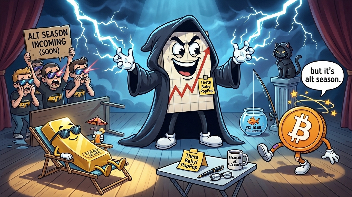 Mr SPX in a dark hooded robe throwing theatrical blue lightning at a recoiling Bitcoin coin character while a gold bar sunbathes nearby and the black cat watches in a matching hood.