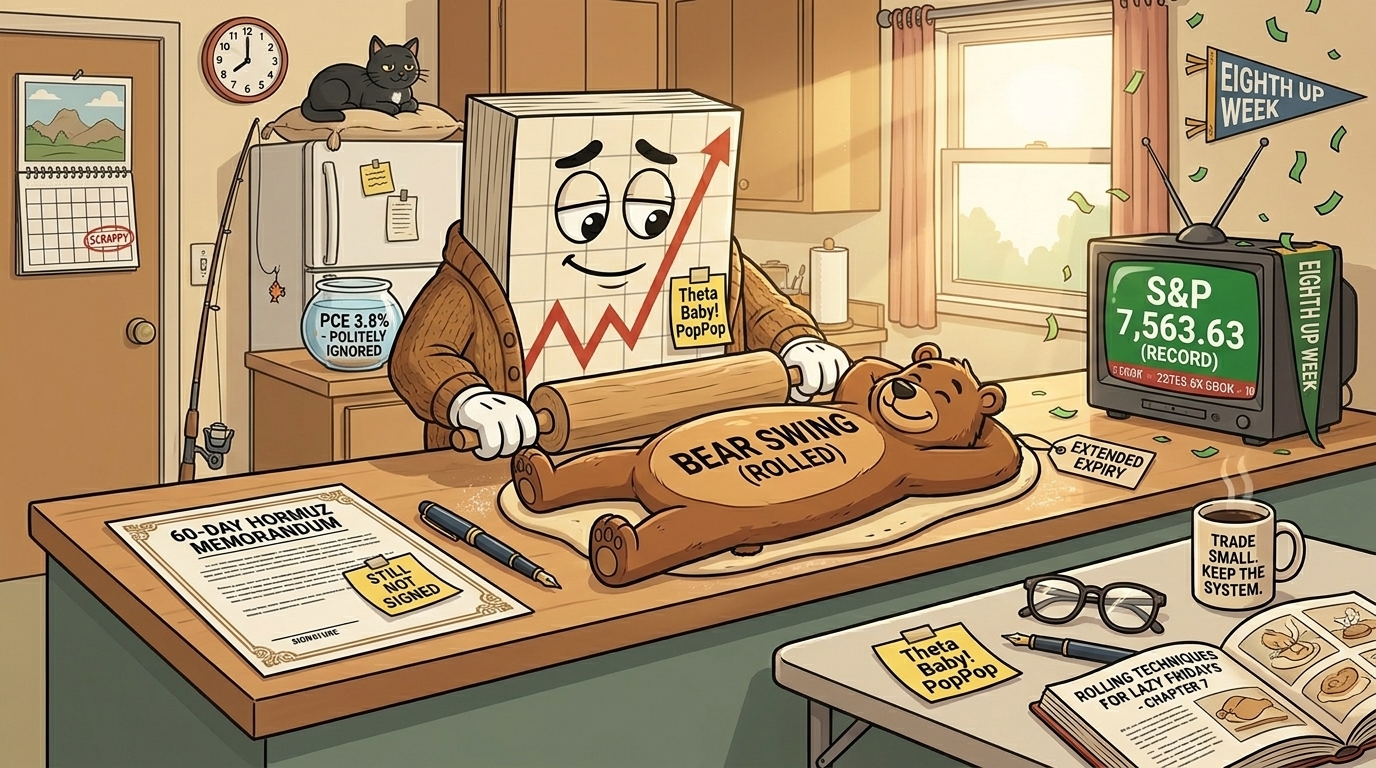 Mr SPX in a comfy cardigan rolling a smiling cartoon bear flat with a rolling pin on a kitchen counter, beside an unsigned 60-day Hormuz memorandum and a tired drooping confetti display.