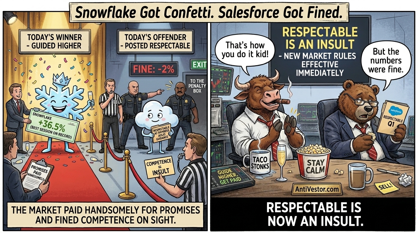 Two-panel meme. Snowflake character on a red carpet with confetti and a +36.5% cheque while a Salesforce character is escorted off stage with a -2% fine. Bull applauds, Bear confused holding respectable numbers folder.