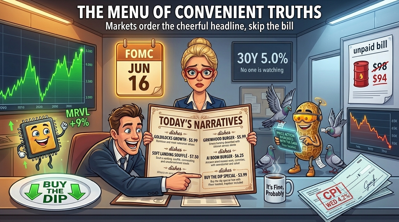  Newsroom anchor holds a menu of market narratives while ignored screens flash oil, Bitcoin and a CPI bill.