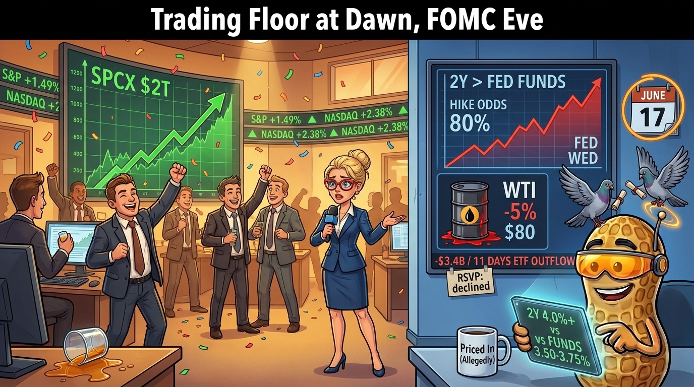  Newsroom split between a market party and a lone screen pricing a Fed hike on FOMC eve.