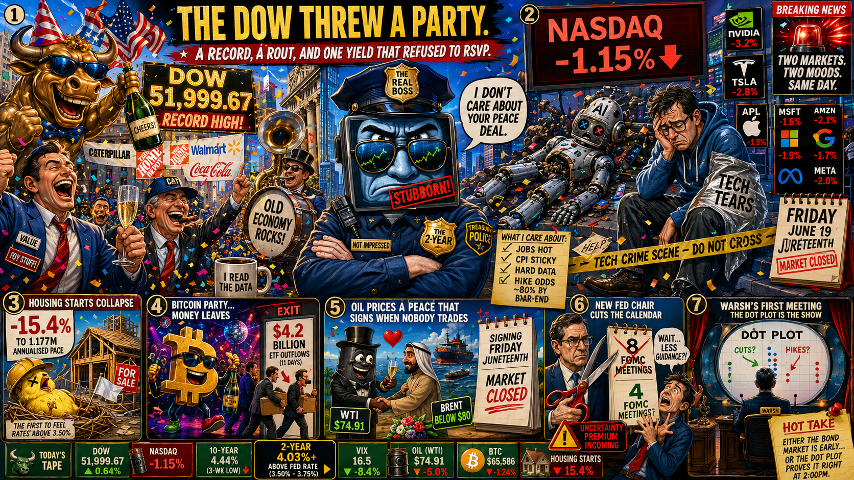 Satirical financial infographic showing a record Dow celebration, a Nasdaq crime scene, an angry Treasury yield acting as police chief, collapsing housing canary, Bitcoin party despite ETF outflows, oil ceasefire wedding, and a looming Fed dot plot event dominating markets.