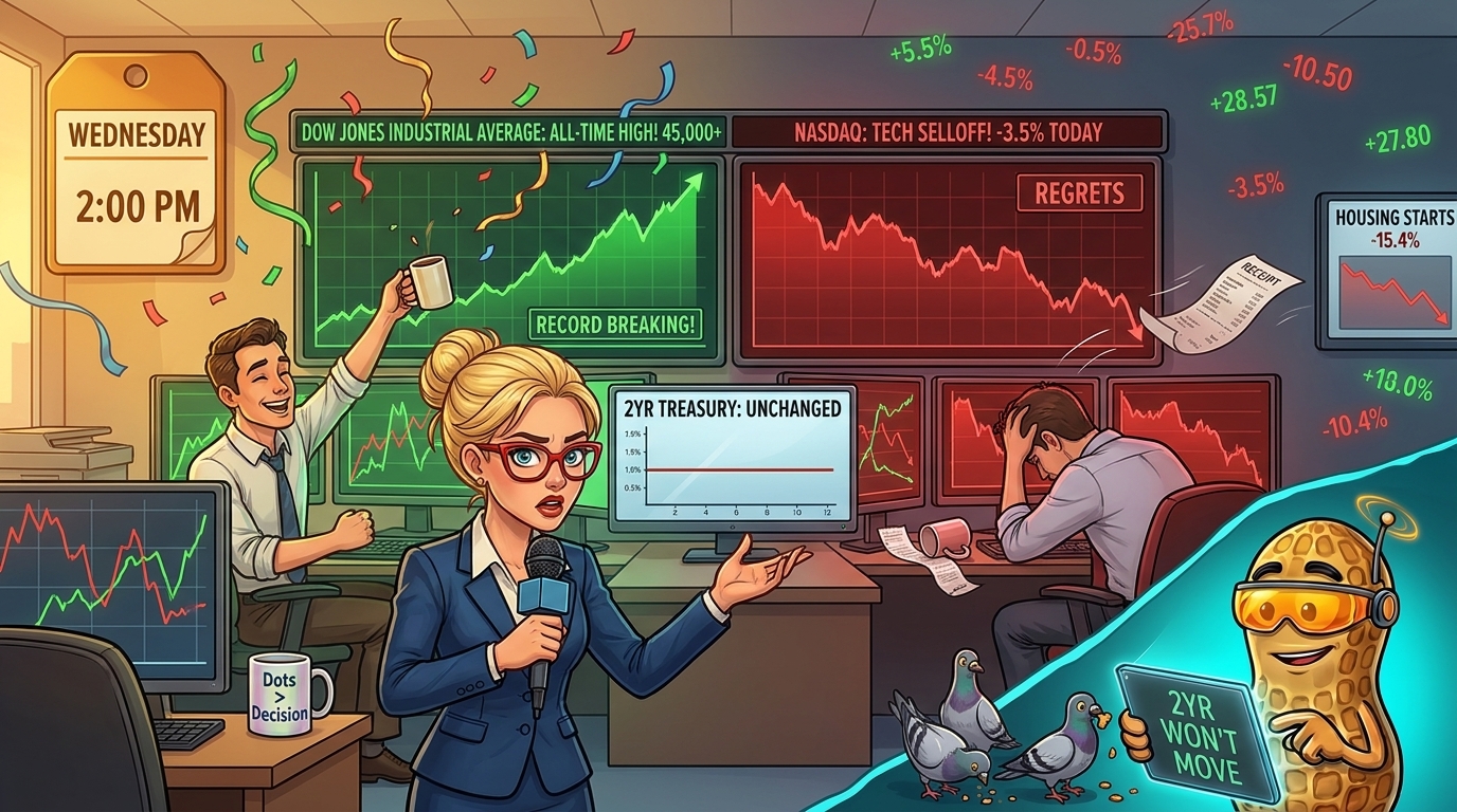 Dawn trading floor split between a green record Dow with confetti and a red tech selloff, a flat yield line and a 2pm Fed tag between them.