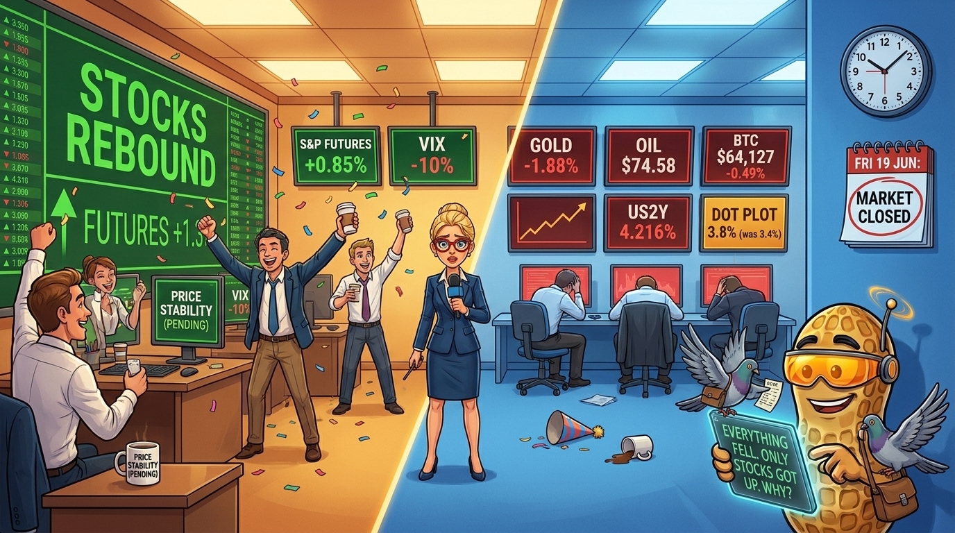 A split newsroom where traders celebrate green stock screens on one side while three analysts sit slumped in front of red gold, oil and bitcoin screens on the other.