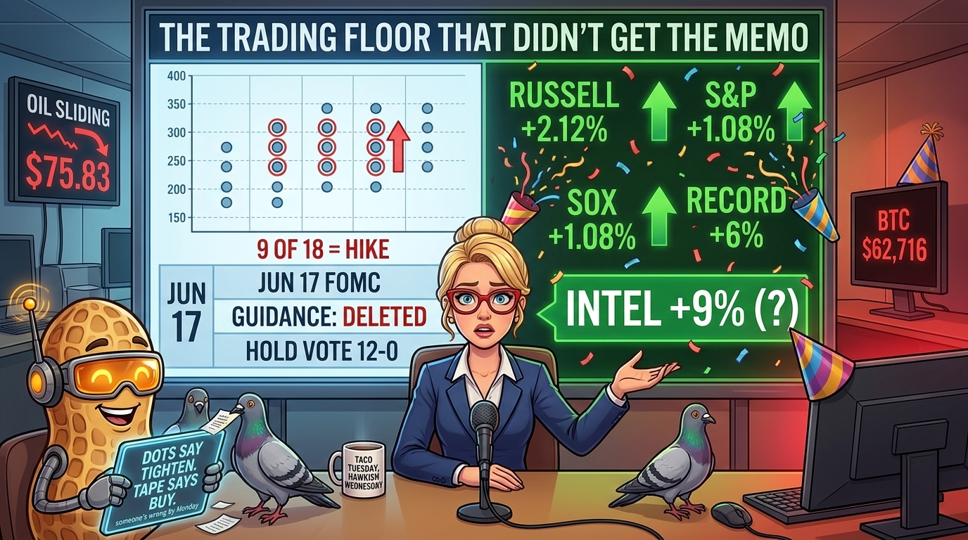 Split newsroom board, hawkish Fed dot-plot on the left, champagne stock rally on the right, ignored bitcoin in the corner.