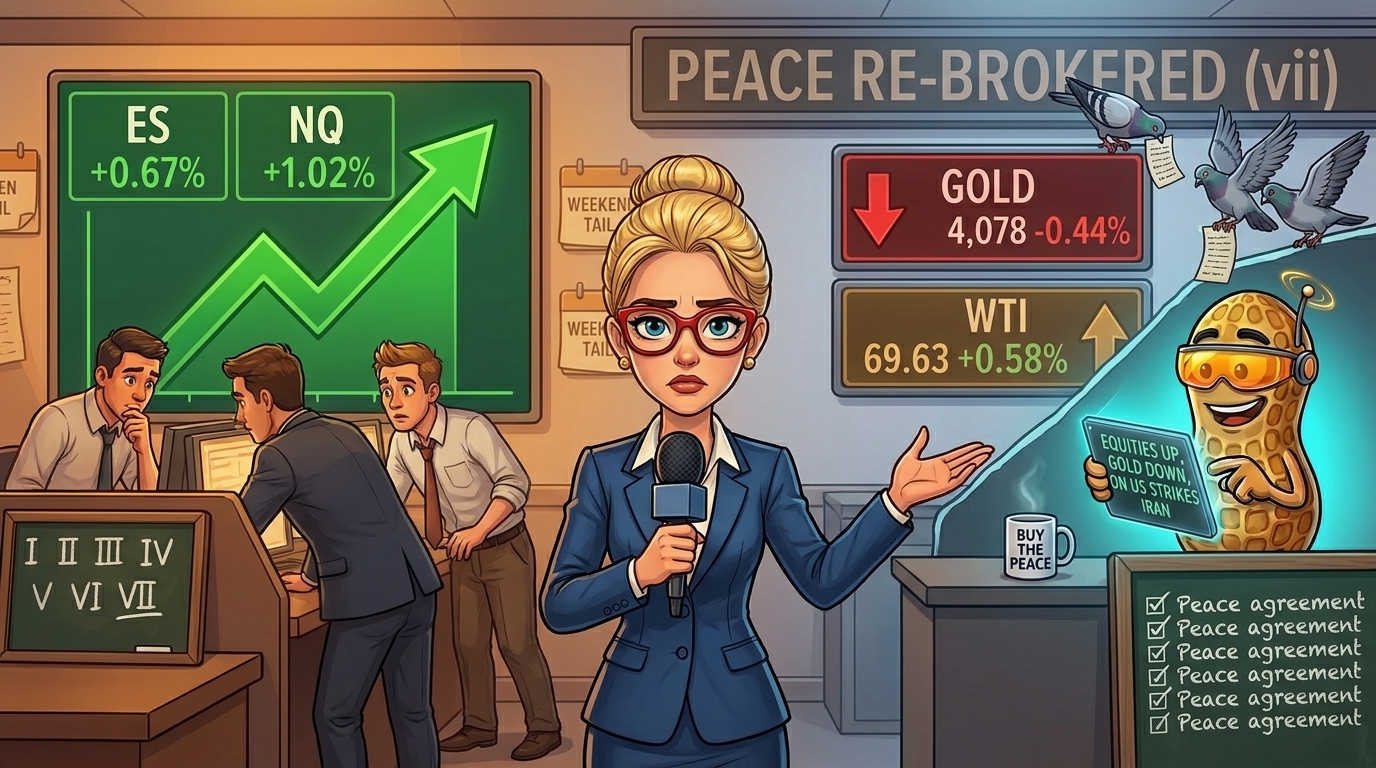 Newsroom scene at dawn, reporter gesturing at green futures while side panels show gold falling, a Peace Re-Brokered ticker on the back wall.