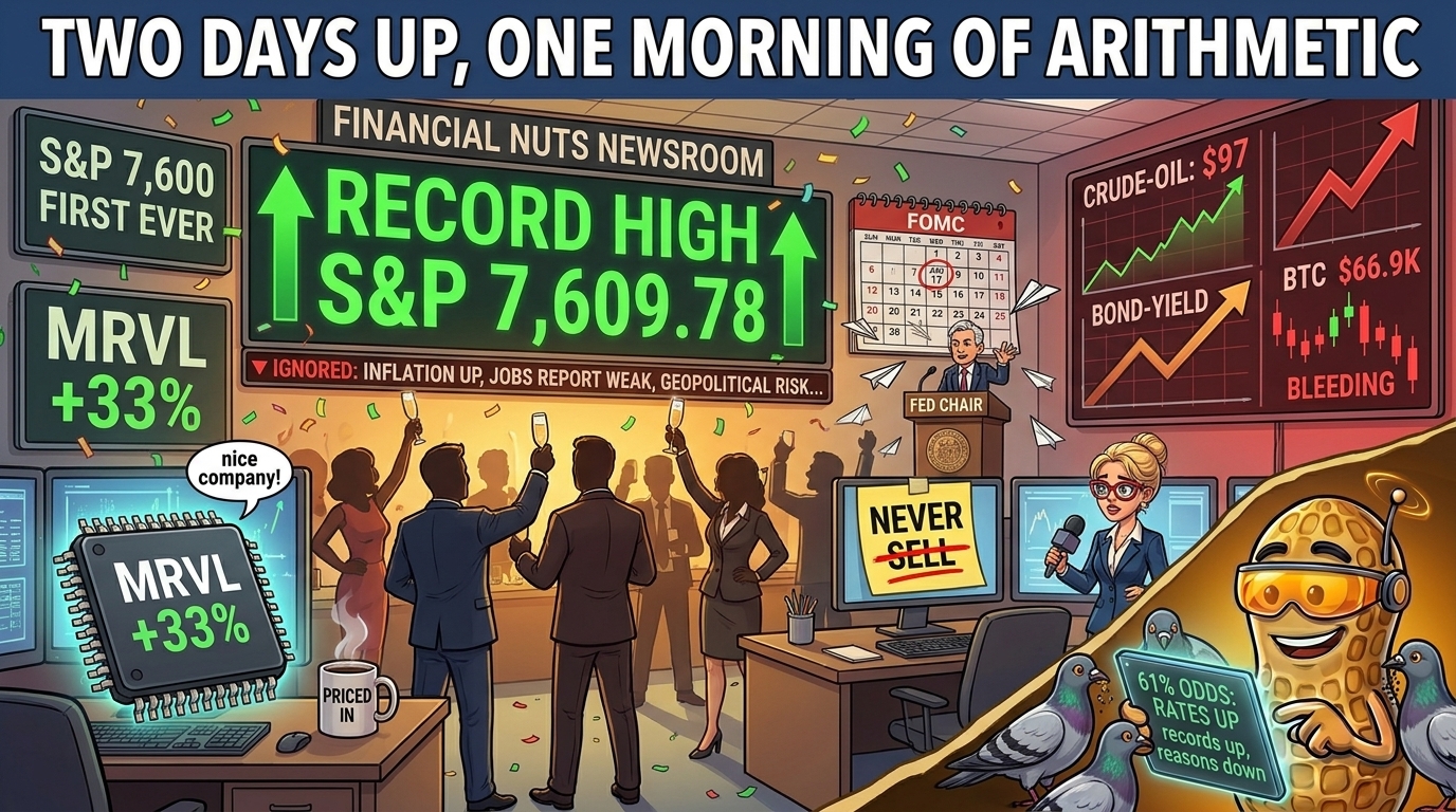 Newsroom party toasts a green record board while ignored red screens show oil, yields and crypto falling.