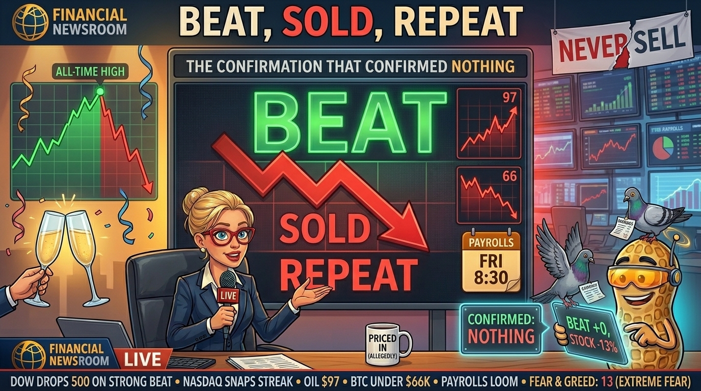 Newsroom scoreboard reads BEAT in green while the stock arrow below points down in red.