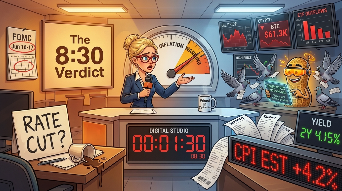 Newsroom counts down to CPI; rate-cut hopes on the left, a red 4.2% reality on the right.