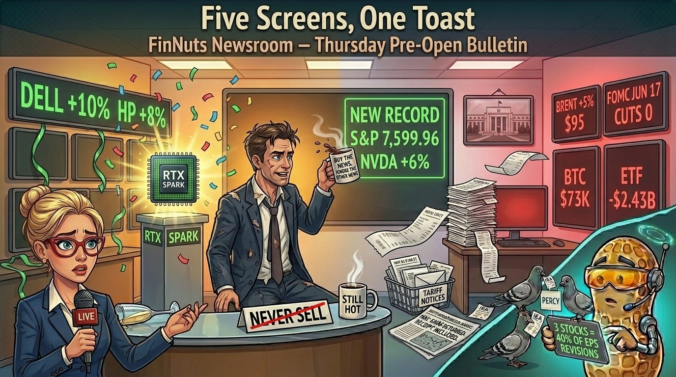A trader toasts one green record screen while four red warning screens glow ignored behind a crossed-out never-sell sign.