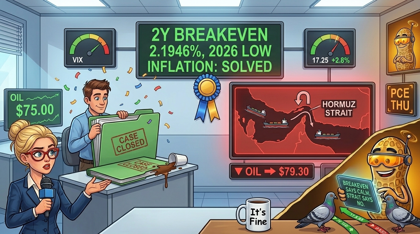 A newsroom celebrates a green "inflation solved" readout while a red Hormuz map and amber PCE tag flash ignored behind them.