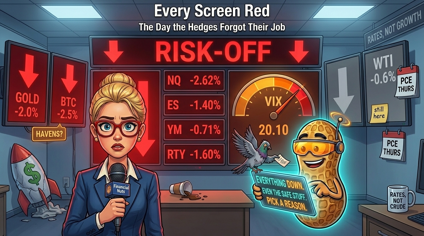  wall of red stock, gold and bitcoin tickers beside a flat oil screen, as cartoon Bull stares at his falling gold mug and Bear points at the rising VIX.