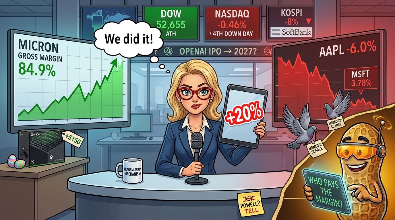 A newsroom desk where Hazel holds up an iPad stickered +20% while side-screens show a Micron margin record alongside an Apple sell-off and a Nasdaq losing streak.