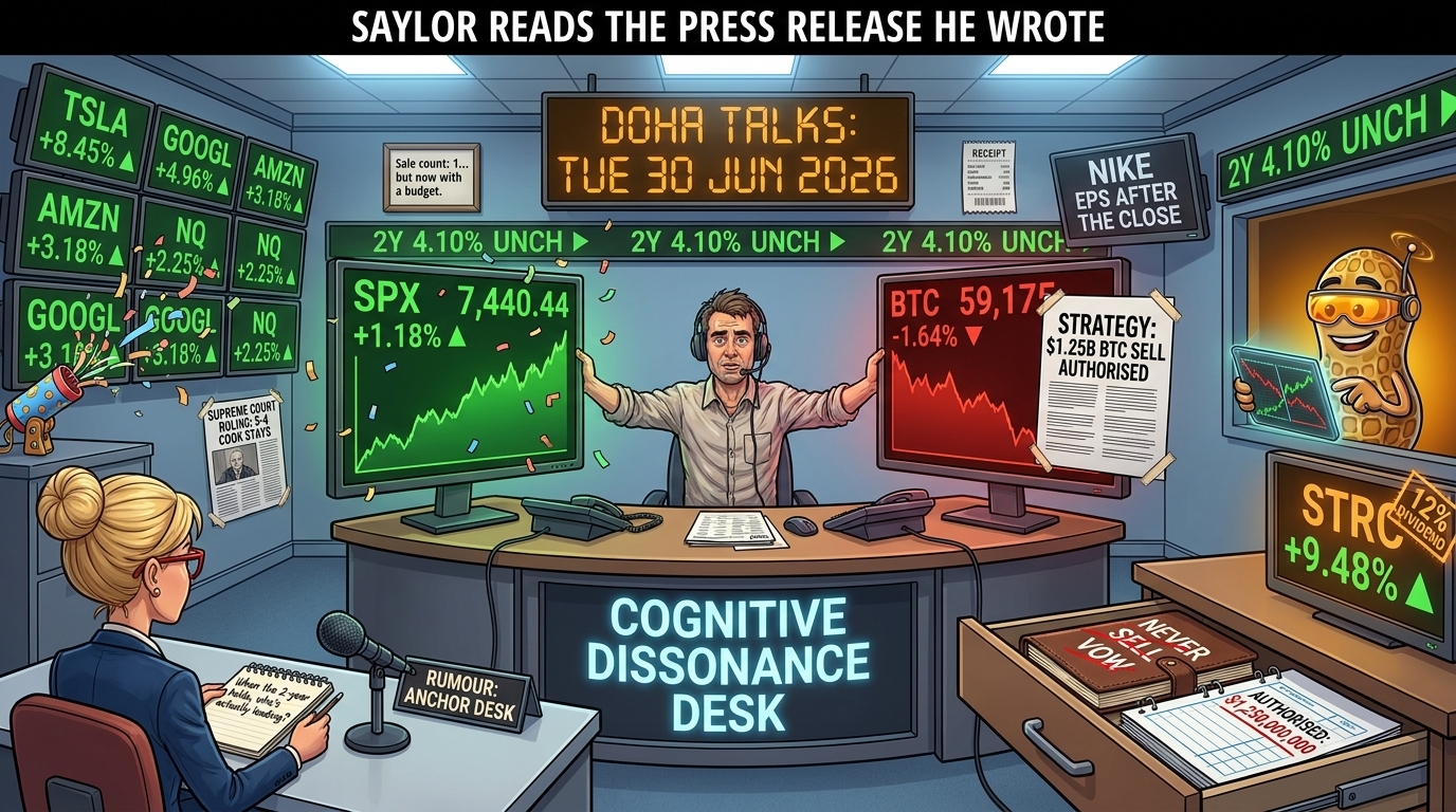 Bullpen newsroom; trader holds two screens, green SPX
rally on the left and red Bitcoin slide plus a Strategy 1.25
billion sell authorisation on the right.