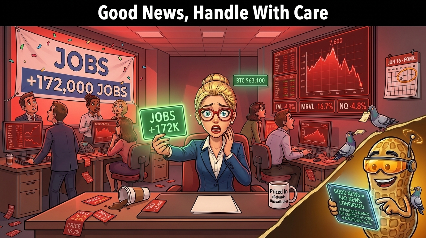 FinNuts anchor holds a green jobs card at arm's length as the newsroom drowns in red, lone Bitcoin ticker glows green.