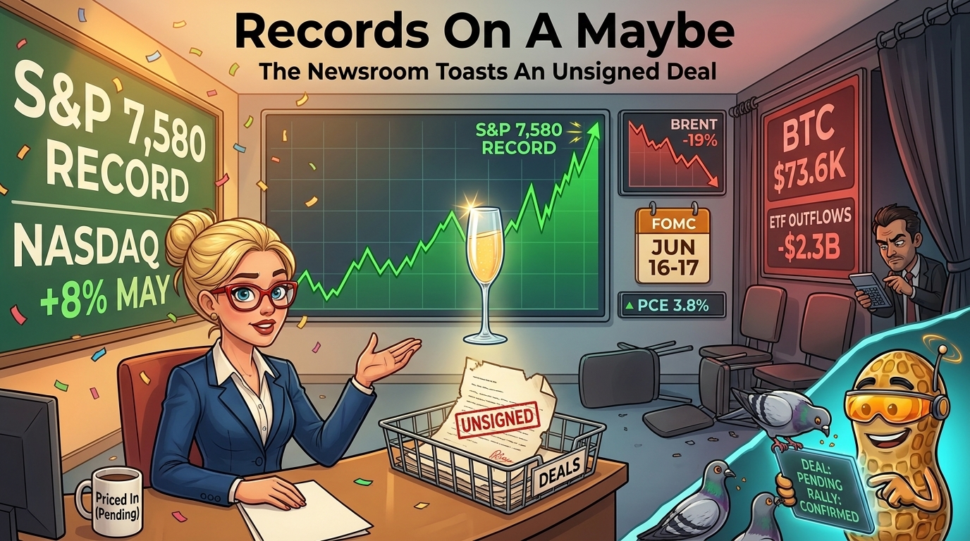 Newsroom toasts a green record board while crypto, oil and an unsigned deal sit ignored nearby.