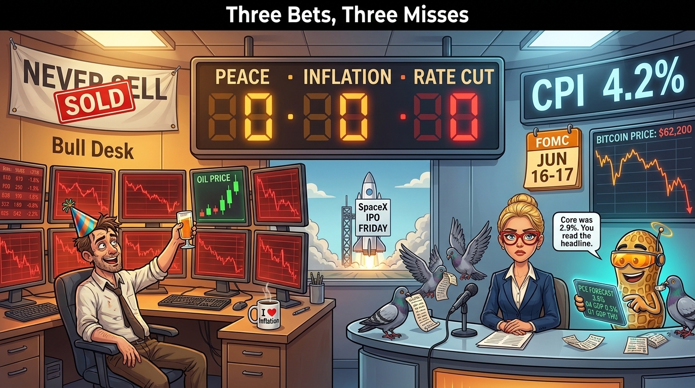 Newsroom scoreboard reads peace 0, inflation 0, rate cut 0 while a NutBot in an amber visor tallies the misses.