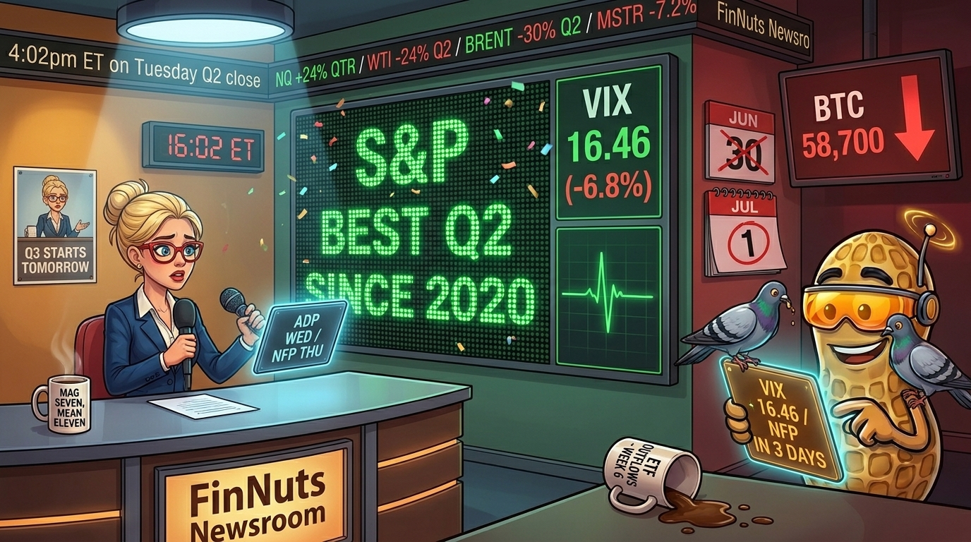 Hazel anchors a celebratory Q2 newsroom while a red Bitcoin monitor sits dim in the corner and NutBot Percy holds an amber VIX warning tablet.