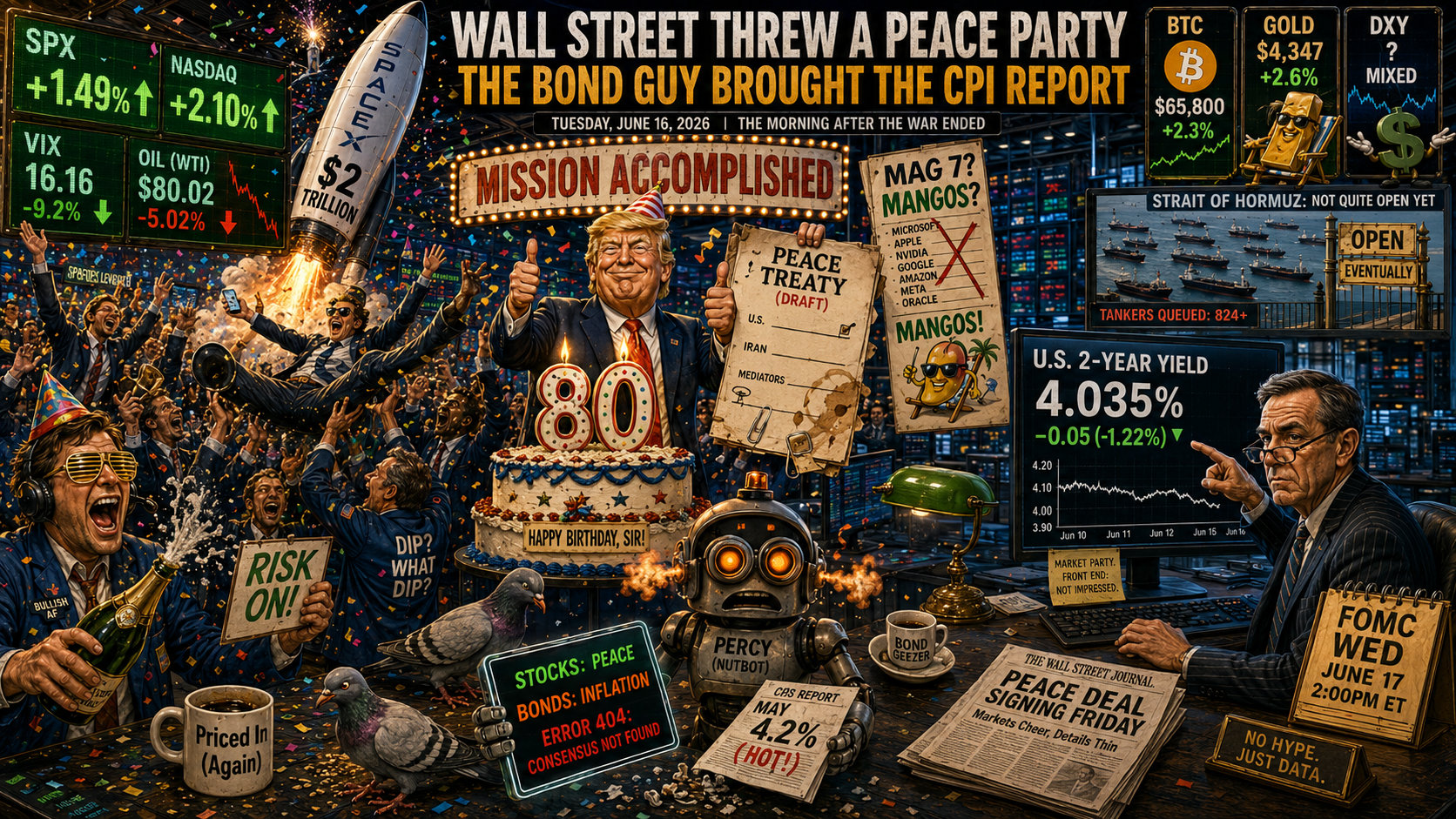 A chaotic trading floor celebrates the end of the US-Iran conflict with rockets, confetti, falling oil prices and soaring stocks, while a lone bond trader calmly points to a barely-moving 2-year Treasury yield and inflation data, suggesting the real story has not changed.