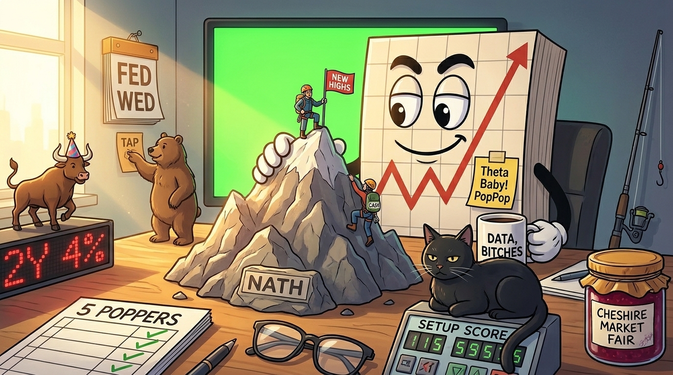 Mr SPX watches a futures climber plant a flag at the NATH summit while a cash climber dangles just below, FED WED flagged.