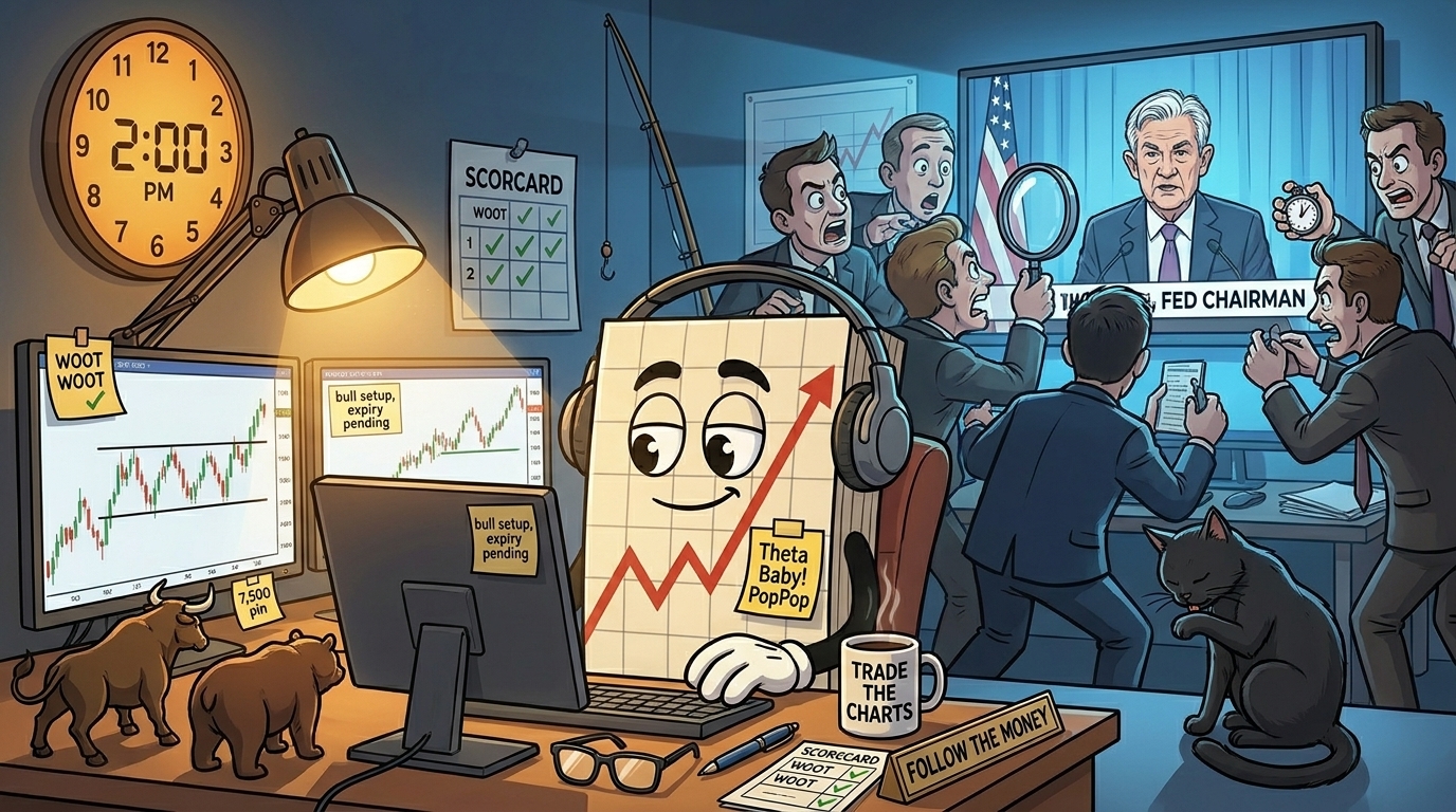 Mr SPX calmly trades his charts while a scrum of analysts parses a talking Fed chairman under a 2pm clock behind him.