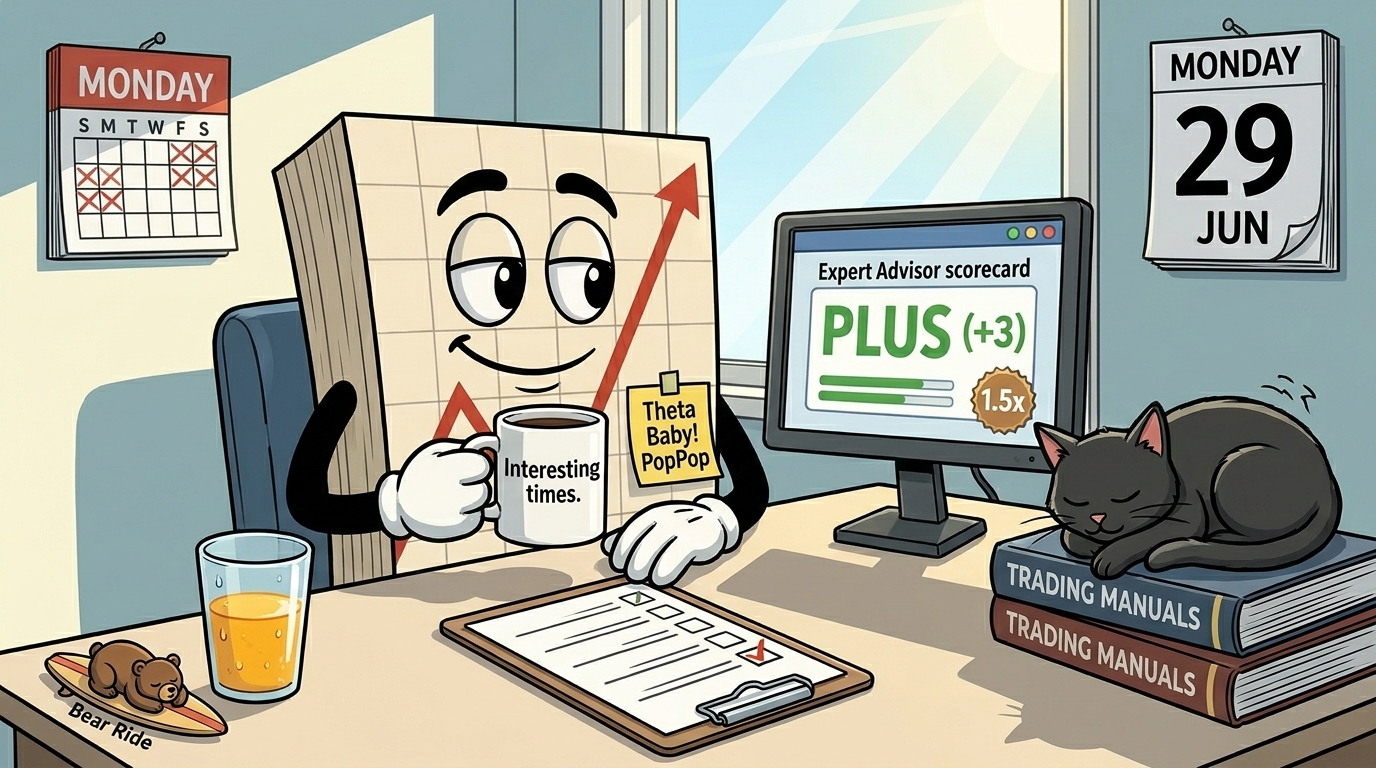 Mr SPX at his trading desk on a fresh Monday morning, reading the new Expert Advisor scorecard on a small monitor showing a green "PLUS (+3)" rating with a "1.5x" size badge. He holds an "Interesting times." mug. A glass of orange juice sits on the desk. A tiny sleeping bear rests on a small surfboard labelled "Bear Ride" in the corner. The black cat is asleep on a stack of trading manuals.