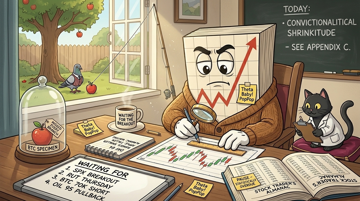 Mr SPX at a wooden study desk measuring printed daily candles with a magnifying glass and ruler, the Almanac open beside him with a PAUSE OVERDUE post-it, a BTC apple in a bell-jar labelled MISSED EVERY BRANCH, a fishing rod cast through the window toward a fallen apple in the garden where a waistcoated pigeon observes.