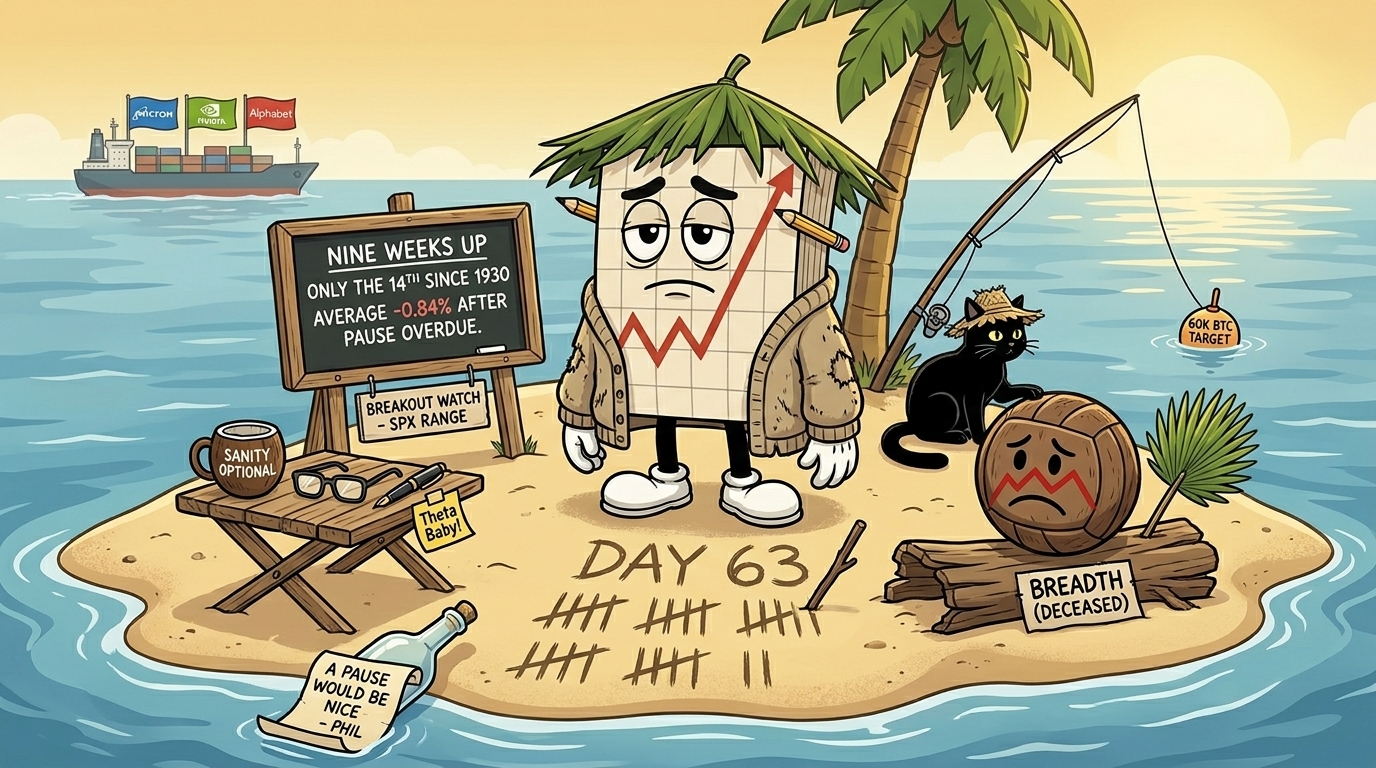 Mr SPX shipwrecked on a desert island on Day 63 with a
coconut companion labelled BREADTH (DECEASED), a chalkboard showing
the nine-week streak stat, and a cargo ship labelled MICRON NVIDIA
ALPHABET sailing past on the horizon.