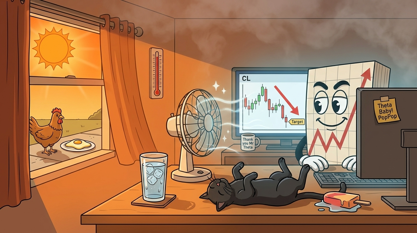 Mr SPX at his trading desk during a heat wave, an electric fan blowing on a sprawled black cat, ice melting on the desk, a "Thank you Mr Theta" mug, and a chicken outside the window with a perfectly cooked omelette.