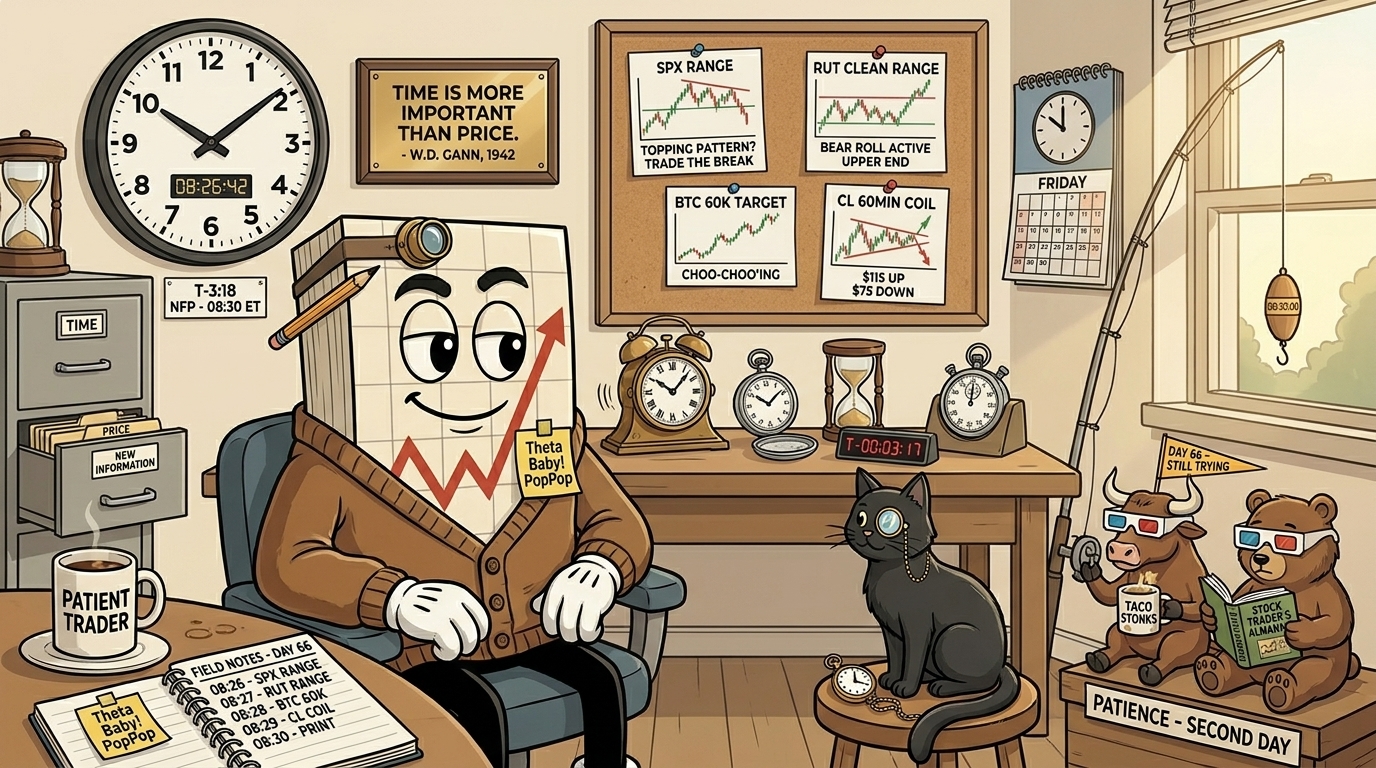 Mr SPX at a clockmaker's workbench surrounded by five
synchronised timepieces all reading T-minus three minutes to NFP.
A large countdown clock on the wall reads T-3:18 alongside a framed
W.D. Gann plaque reading TIME IS MORE IMPORTANT THAN PRICE. Four
small chart printouts pinned on a corkboard above the bench show
the SPX, RUT, BTC and CL range setups. Bull and Bear figurines on
the bench wearing tiny cardboard 3D glasses. Black cat in a
brass-rimmed monocle.
