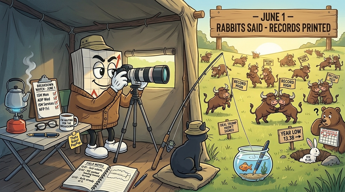 Mr SPX in a wildlife photographer's hide watching a meadow
full of bulls multiplying happily with RECORD HIGH flags, while a
small VIX rabbit disappears down a rabbit hole labelled YEAR LOW.