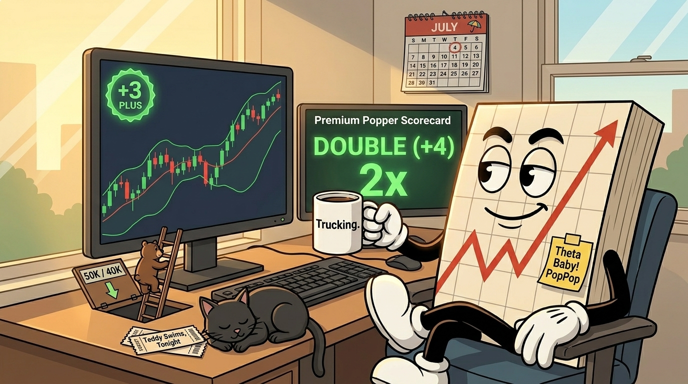 Mr SPX at his trading desk on a Wednesday morning, leaning back confidently with a "Trucking." mug in hand. The main monitor shows SPX rising along the upper Bollinger Band with a green PLUS (+3) badge. A second screen shows the Premium Popper scorecard glowing green with DOUBLE (+4) and 2x. A JULY wall calendar in the background has the 4 circled with a tiny umbrella. A pair of Teddy Swims concert tickets sit on the corner of the desk. A tiny cartoon bear is climbing down a ladder into a basement hatch labelled "50K / 40K". The black cat is asleep next to the keyboard.