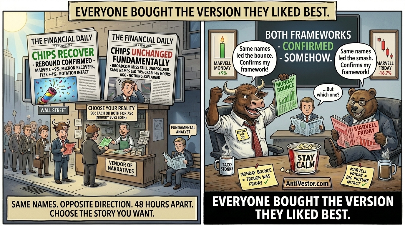 Two-panel meme. A newsagent's stand selling two newspapers with contradictory headlines about the same chip stocks - one celebrating the rebound, one questioning what changed. Customers queue to buy whichever version they prefer. The fundamental analyst sits alone with both papers. Bull holds up the green newspaper saying the same names led the bounce confirms his framework. Bear holds up the red newspaper saying the same names led the smash confirms his framework. The fundamental analyst between them asks but which one.