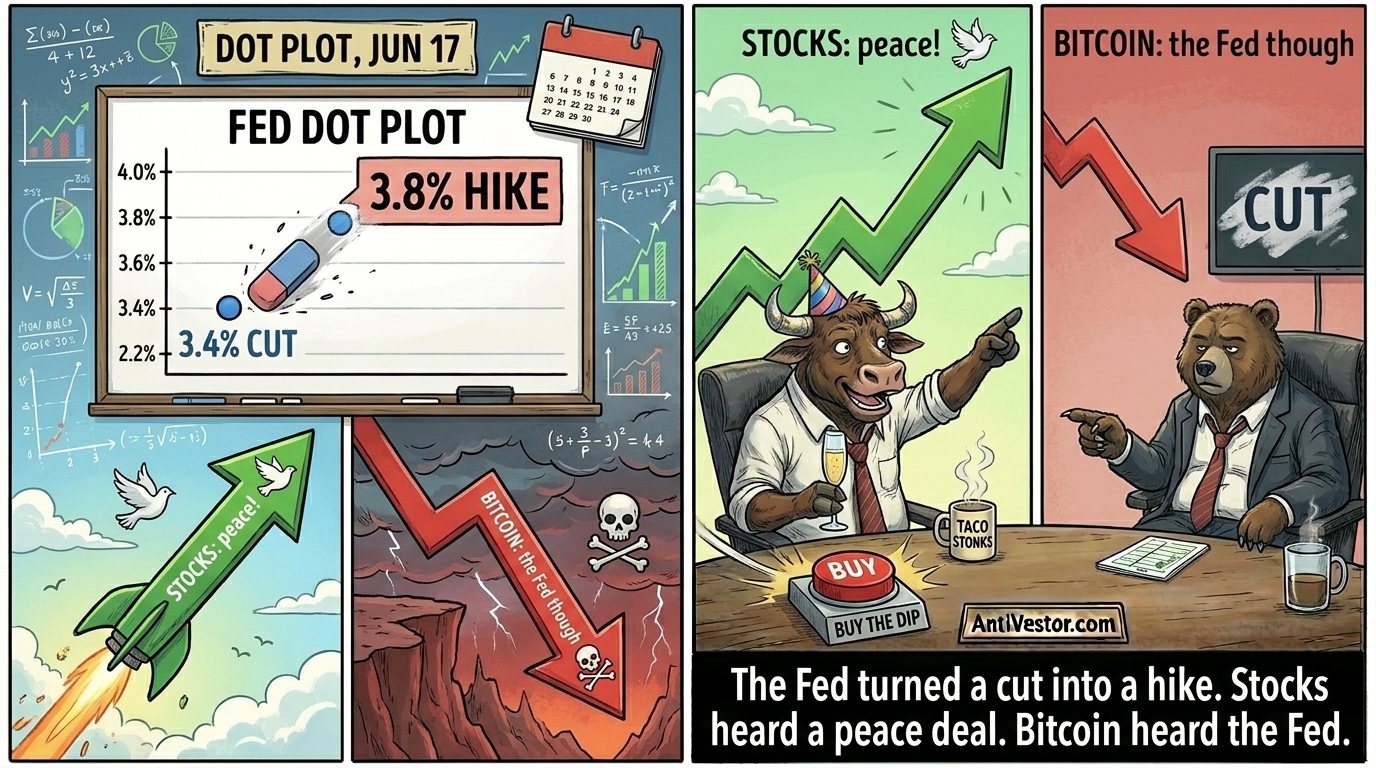 A two-panel comic showing a Fed dot moved from cut to hike while stocks rise and bitcoin falls, with Bull celebrating and Bear pointing at the catch.
