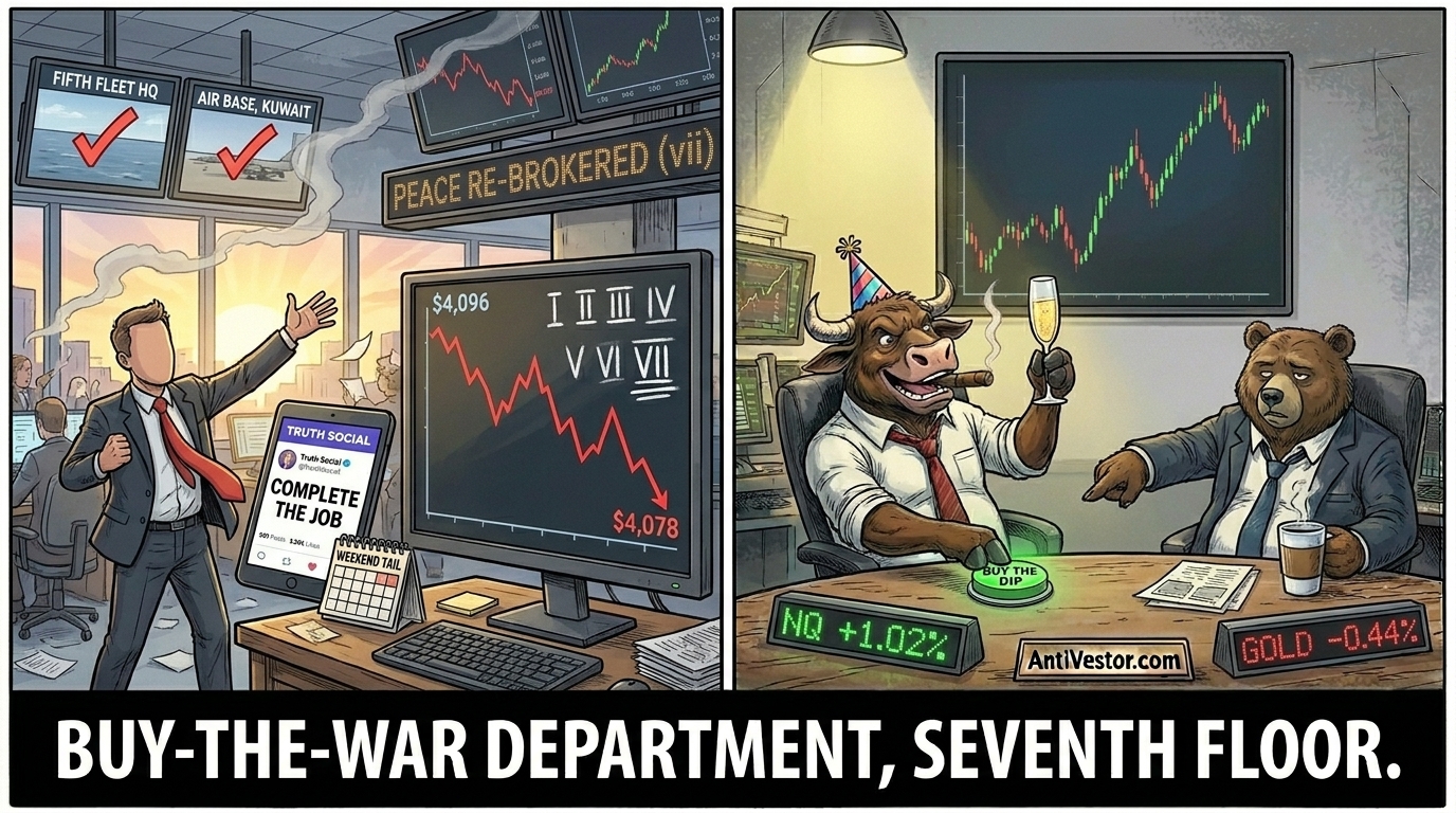 Two-panel comic. Left panel a dawn trading floor with gold falling and a Roman numeral seven chalked on the desk. Right panel Bull celebrating and Bear pointing at the red gold ticker.
